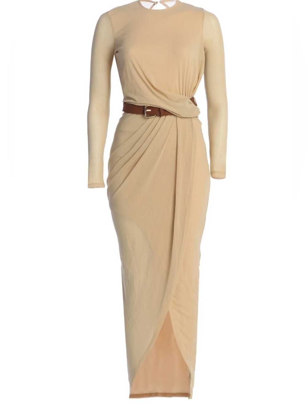 JLUXLABEL Beige Long Sleeve Draped Maxi Dress